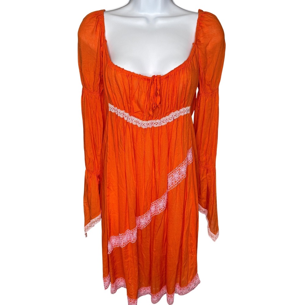 Glamour St Barth Orange Pink Peasant Mini Dress M Tropical Fairycore Gauzy Lace